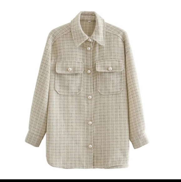 Tweed Plaid Oversized Shirt Jacket Shacket Medium - Picture 3 of 5